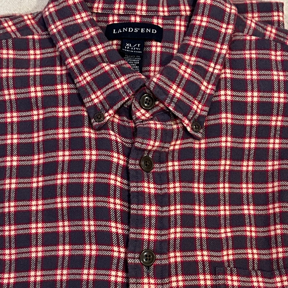 Lands' End Men's Plaid Shirt - Blue and Red